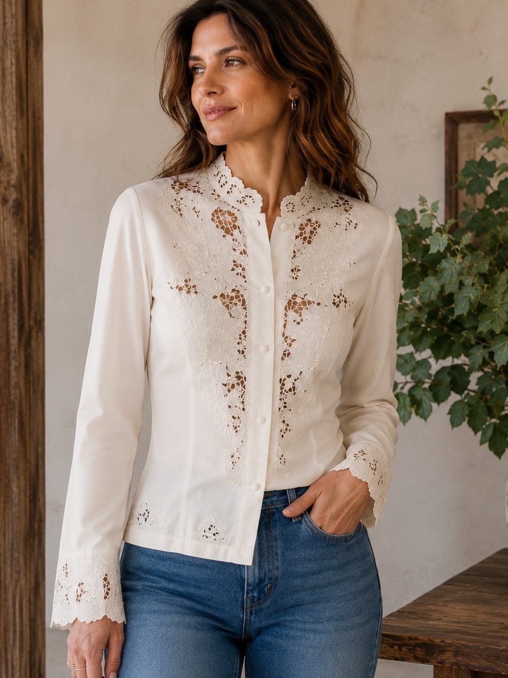 Vintage Pure Silk Ivory Cutwork Embroidered Tailored Blouse